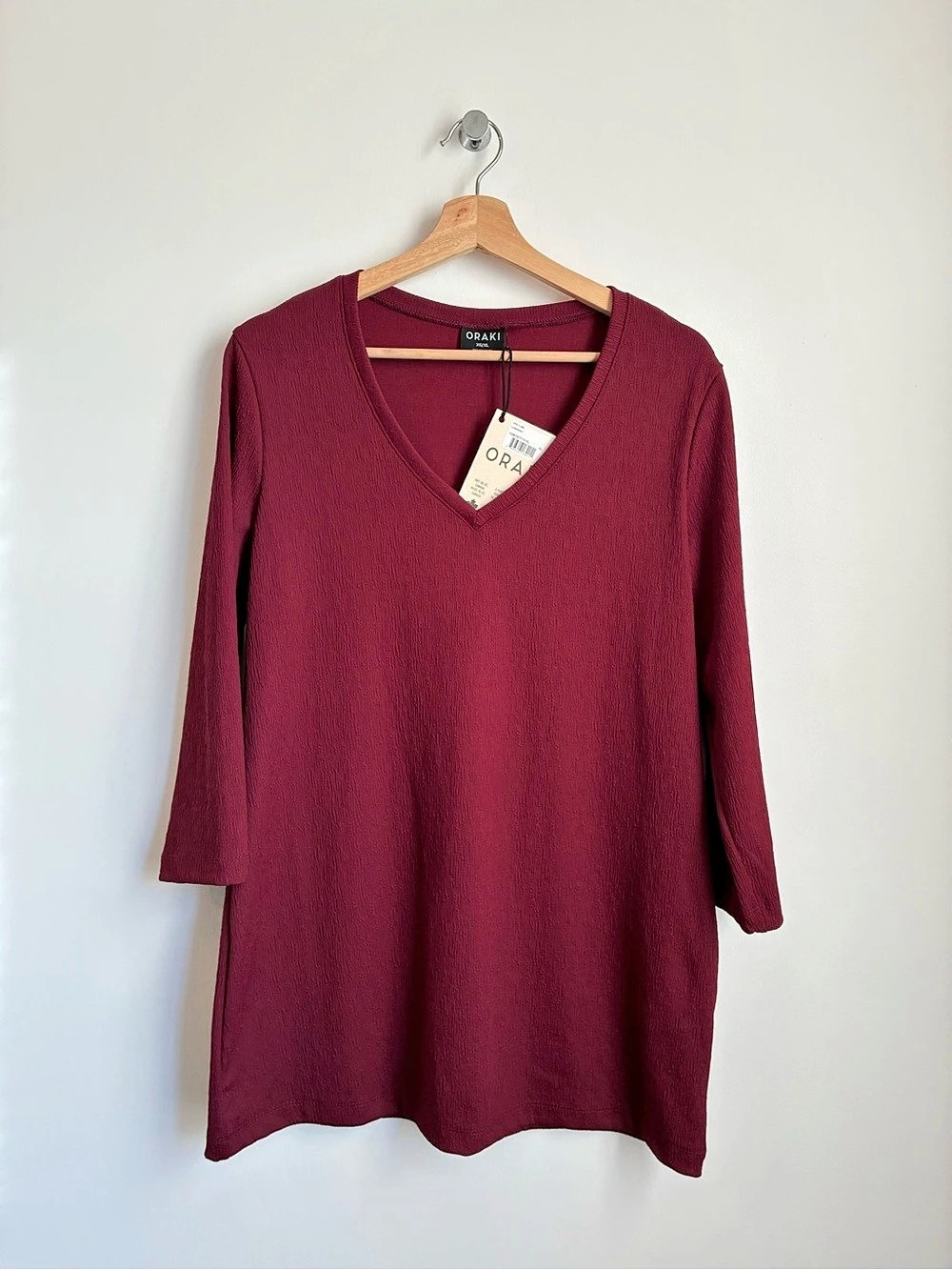 NWT Oraki Cabernet Textured Crinkle Knit V-Neck Tunic T-Shirt Top 3/4 Sleeve Bur